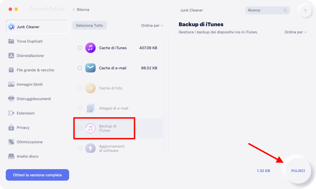 Rimuovi iTunes Backup su Mac