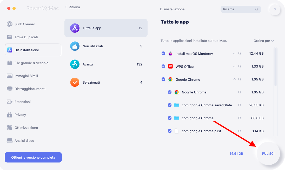 Seleziona App da disinstallare