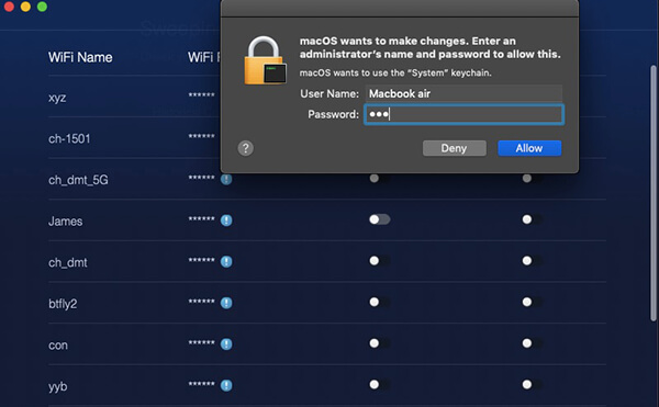 Sweep di rete WiFi Inserire il passcode