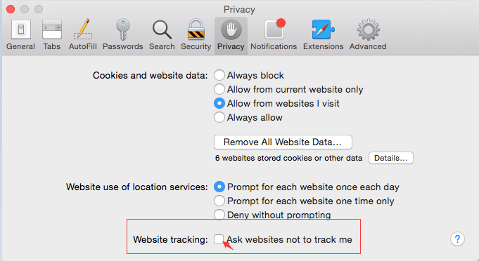Opzione Do Not Track e blocco dei cookie in Safari