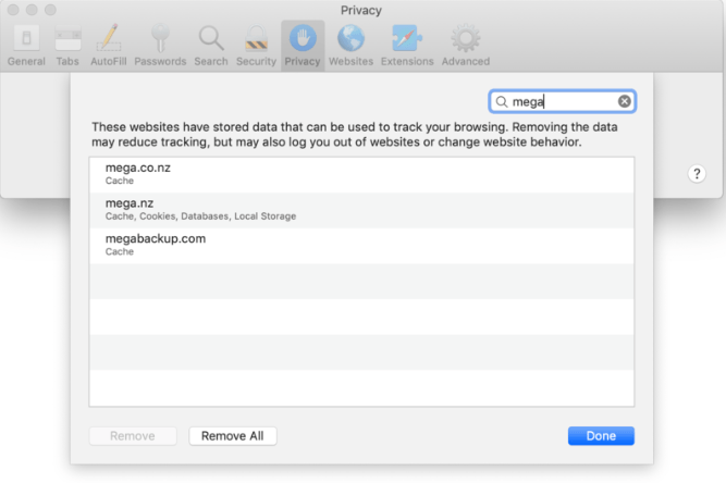 Pulisci i dati MegaBackup in Safari