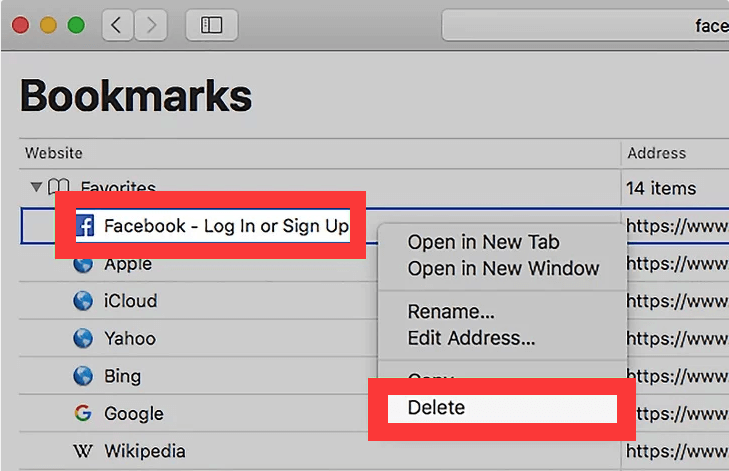Elimina segnalibri su Mac in Safari