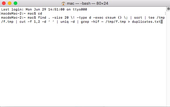 Trova ed elimina file duplicati usando il comando del Terminal