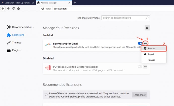 Rimuovere Boomerang da Google Chrome