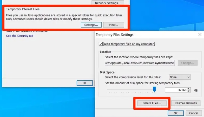 Passaggi per cancellare le cache Java su Windows