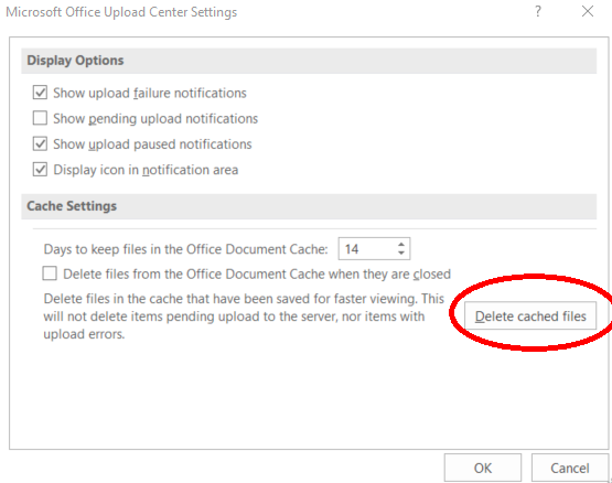 Modifica le impostazioni del Centro di caricamento Microsoft per Cancella cache di Excel