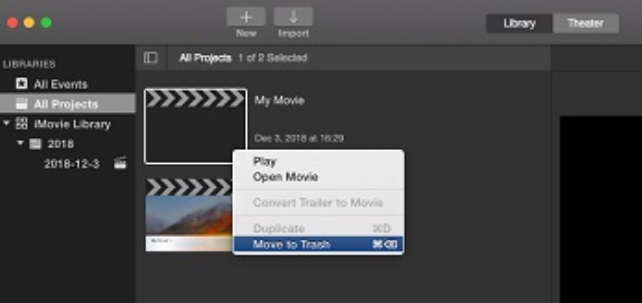 Svuota la cache di iMovie rimuovendo progetti ed eventi