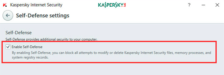 Attiva l'opzione di autodifesa dopo aver svuotato la cache di Kaspersky