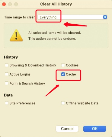 Cancella cache in Firefox su Mac con collegamento