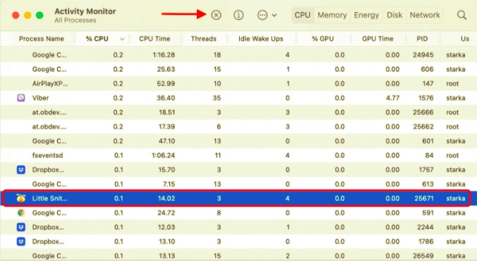 Esci da Little Snitch su Mac con Activity Monitor