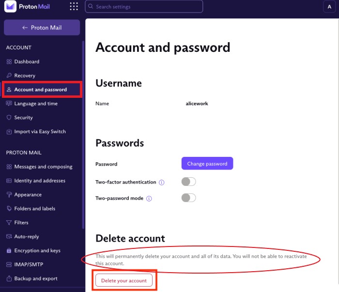 Come eliminare l'account Proton