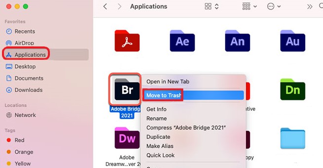 Disinstalla manualmente Adobe Bridge su Mac