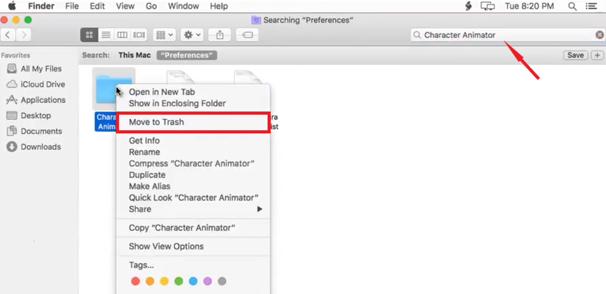 Disinstalla manualmente Adobe Character Animator su Mac