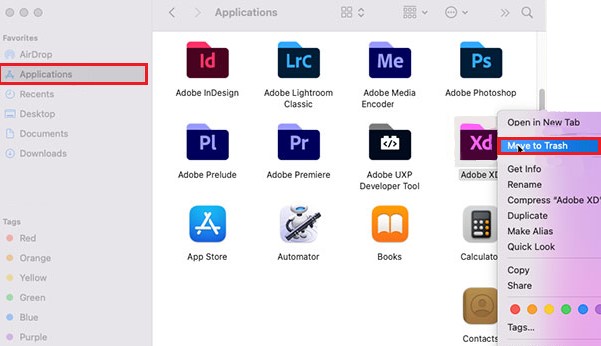 Disinstalla manualmente Adobe XD su Mac
