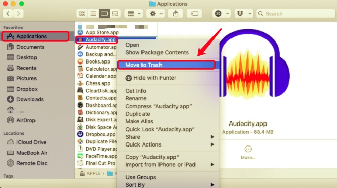 Elimina Audacity dalla cartella Applicazioni su Mac
