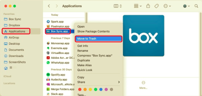 Disinstalla Box Sync su Mac trascinandolo nel Cestino