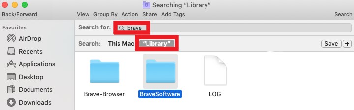Rimuovi i file correlati a Brave
