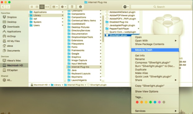 Rimozione manuale di Silverlight e dei relativi file dal Mac
