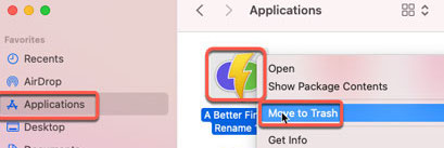 Sposta nel cestino per disinstallare A Better Finder Rename