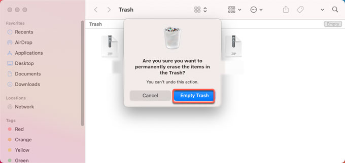 Svuota il Cestino per disinstallare MacDjView su Mac