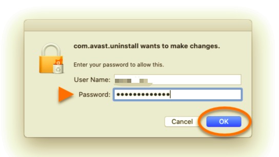 Inserisci nome utente e password per disinstallare Avast