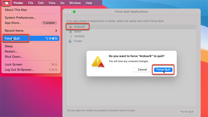Forza l'uscita e disinstalla Ardour su Mac