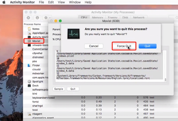Forza l'uscita per disinstallare Movist su Mac