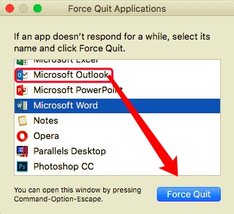 Forza l'uscita da Outlook prima di disinstallarlo su Mac