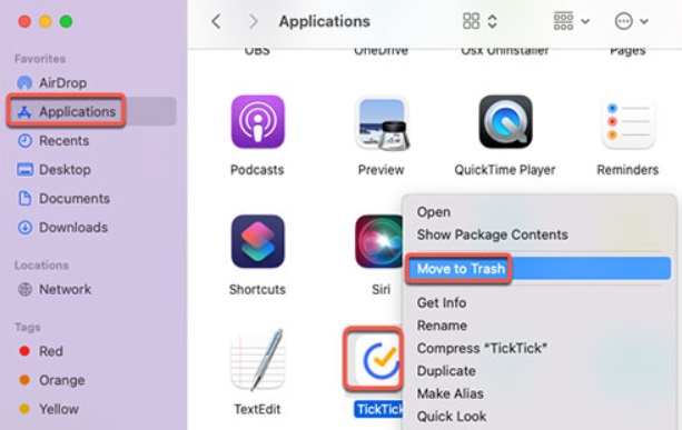 Forza l'uscita e disinstalla TickTick su Mac