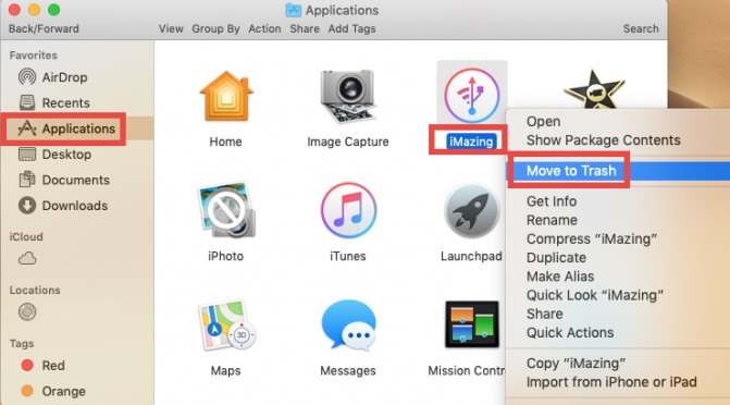 Disinstalla manualmente iMazing su Mac