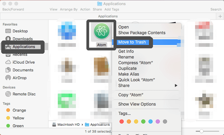 Disinstalla manualmente Atom su Mac