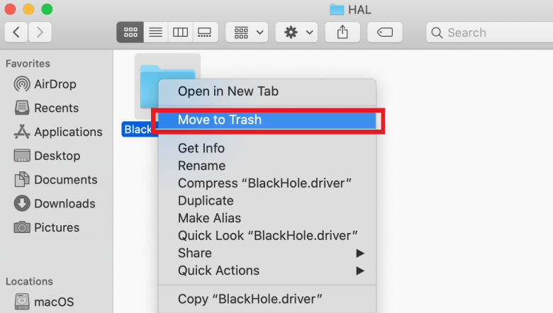 Disinstalla manualmente BlackHole su Mac