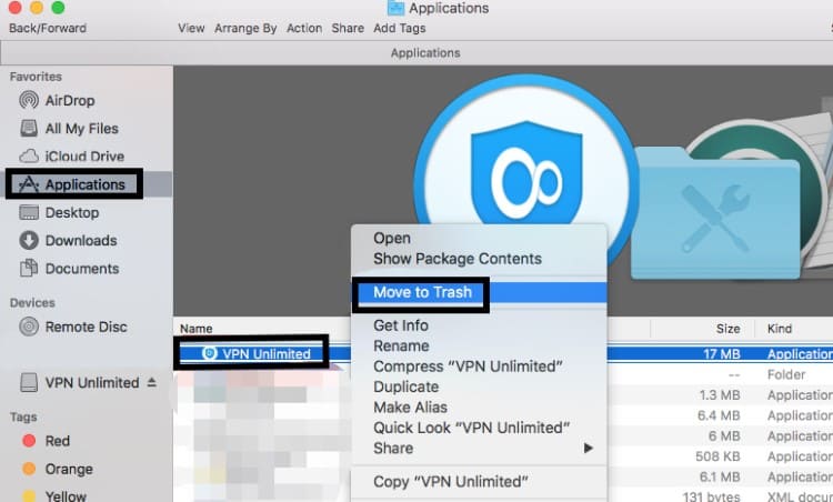 Disinstalla manualmente VPN Unlimited su Mac