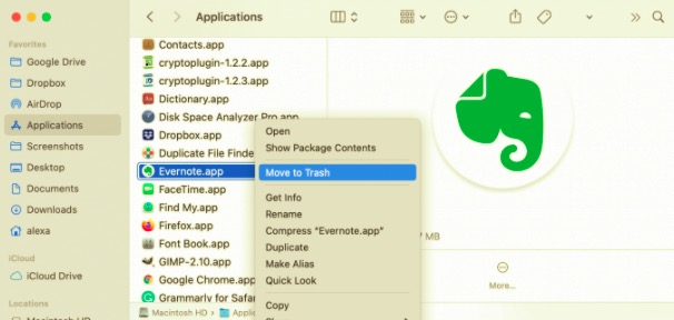 Disinstalla manualmente Evernote Helper su Mac