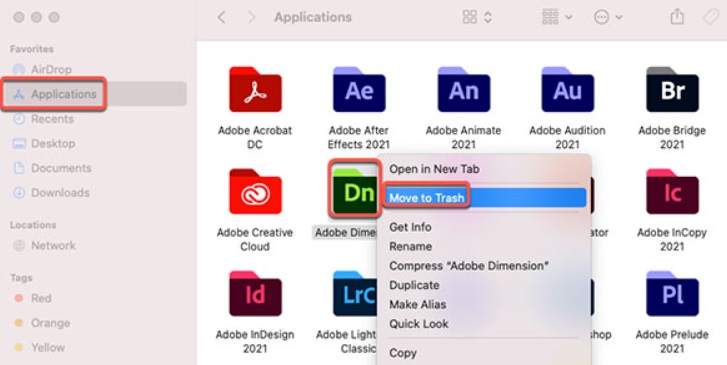 Elimina Adobe Dimension dal Mac