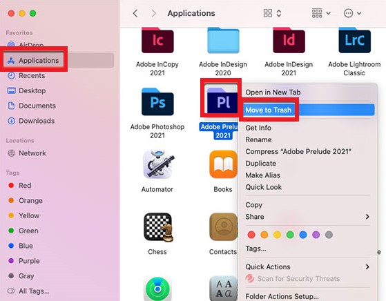 Disinstalla manualmente Adobe Prelude su Mac