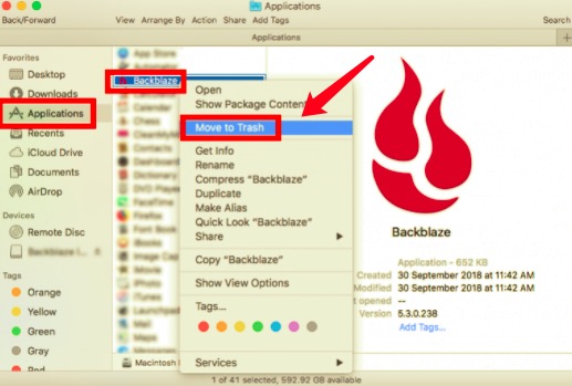 Disinstalla Backblaze su Mac tramite la cartella dell'applicazione