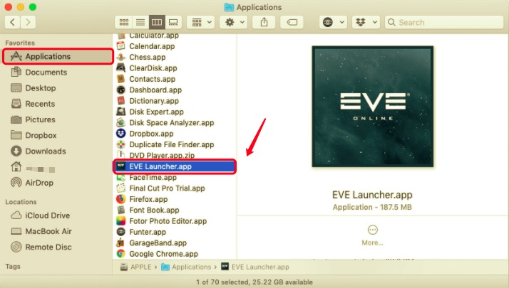 Rimuovere EVE Online dal Mac tramite la cartella Applicazioni