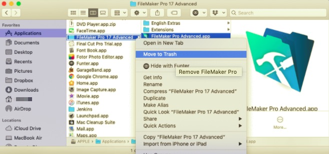 Sposta FileMaker Pro nel Cestino
