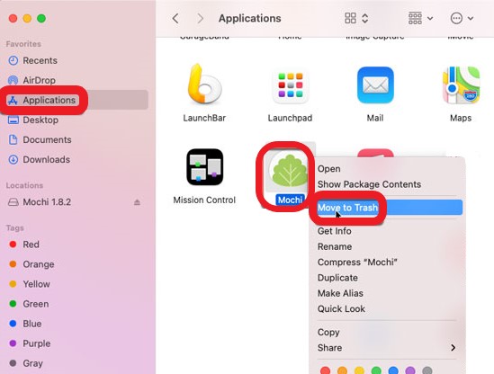 Disinstalla manualmente le schede Mochi