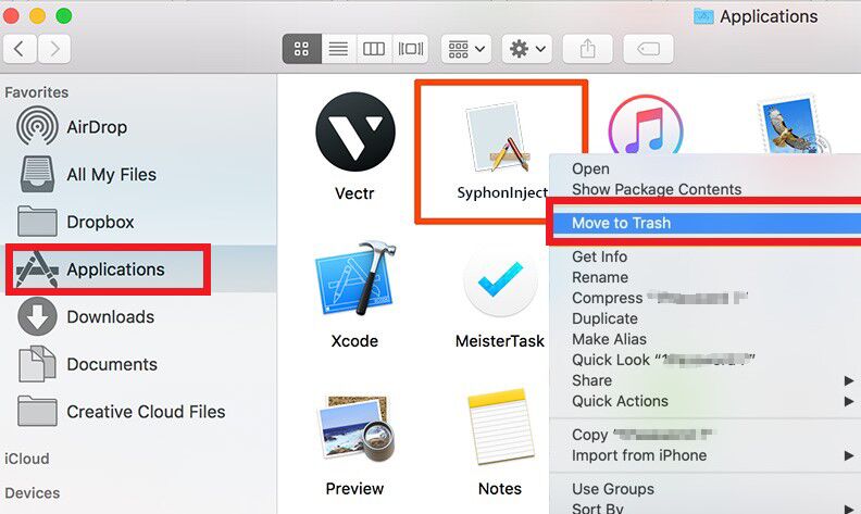 Disinstalla manualmente SyphonInject su Mac