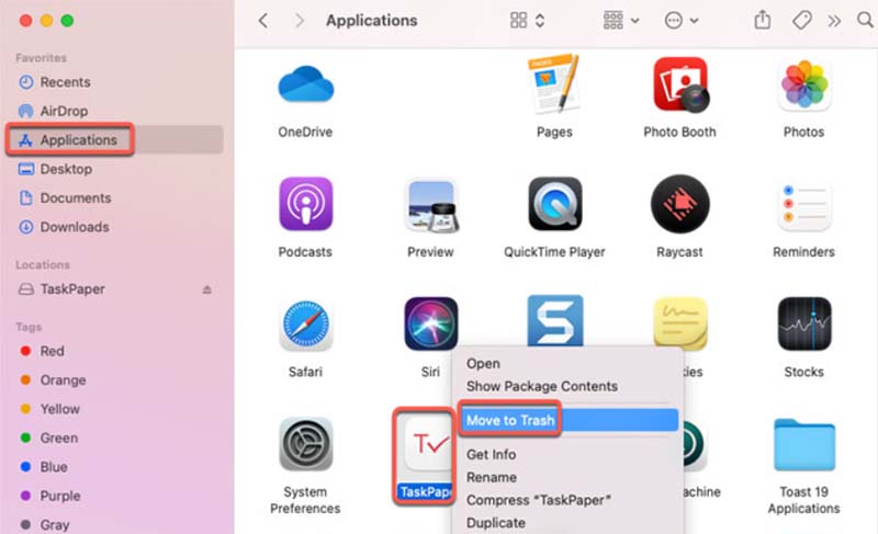 Disinstalla manualmente TaskPaper per Mac