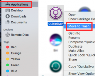 Disinstalla Quicksilver tramite la cartella Applicazioni