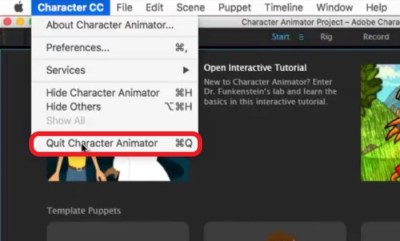Esci da Character Animator prima di disinstallare l'app