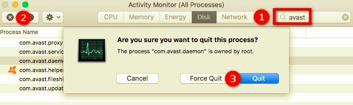 Uscita forzata prima di disinstallare Avast Cleanup su Mac