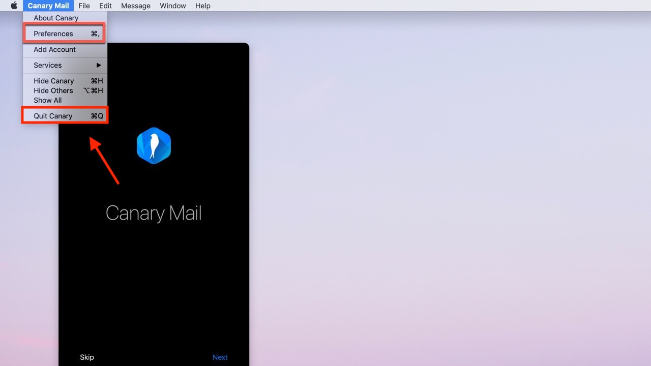 Seleziona Canary Mail e fai clic su Esci Canary