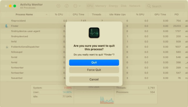 Esci da Finder su Mac con Activity Monitor
