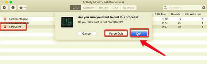 Esci da FortiClient su Mac