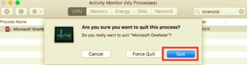 Esci da OneNote tramite Activity Monitor prima della disinstallazione