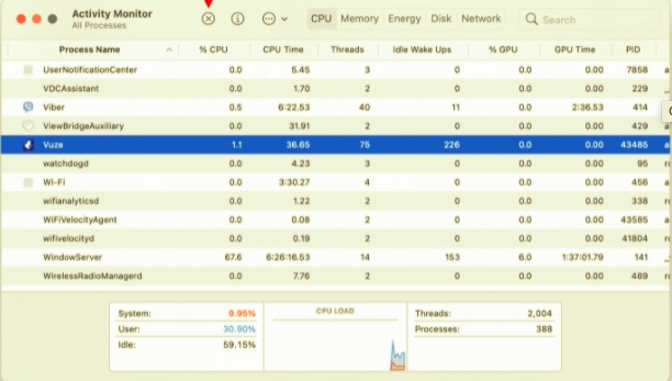 Esci da Vuze tramite Activity Monitor prima di disinstallarlo su Mac